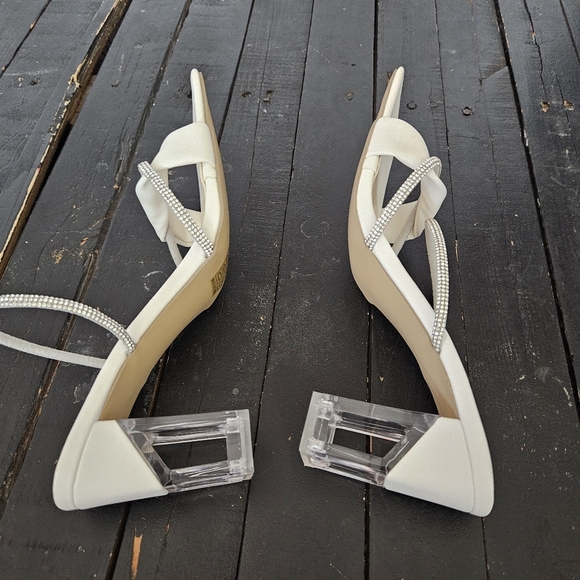 Elegant White Women's Heels with Rhinestone Straps Women's 11 Fancy Square Toe - Picture 9 of 11